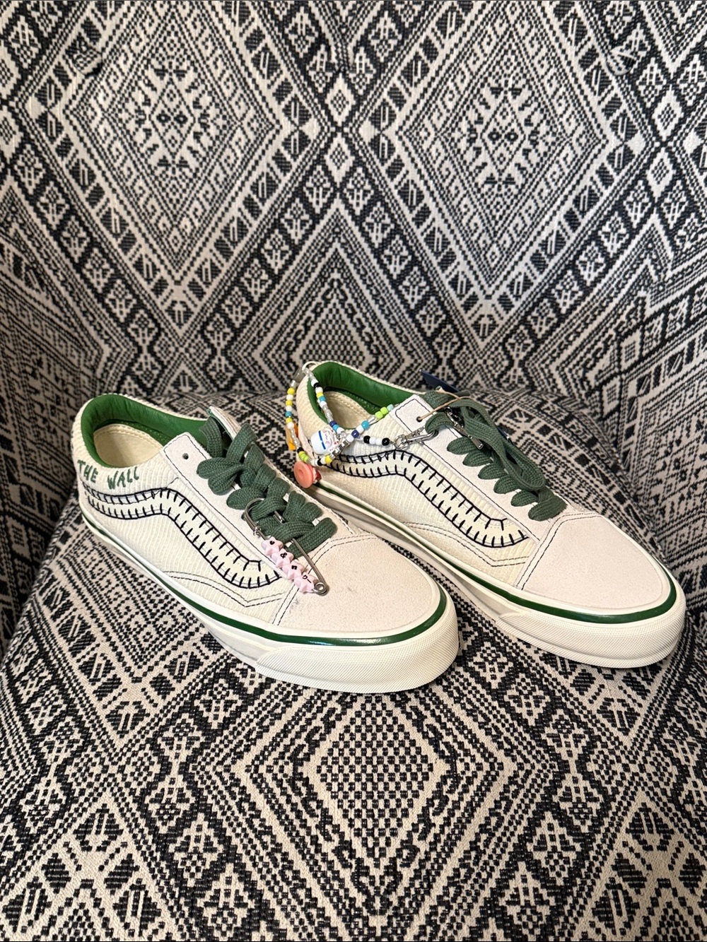 Vans Cream and Green Old Skool Low-Top Sneakers
